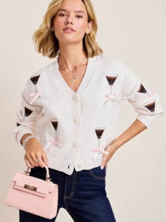 Francesca's Collections Sweaters - Francesca's Collections White Espresso Martini V-Neck Cardigan with Pink Bows